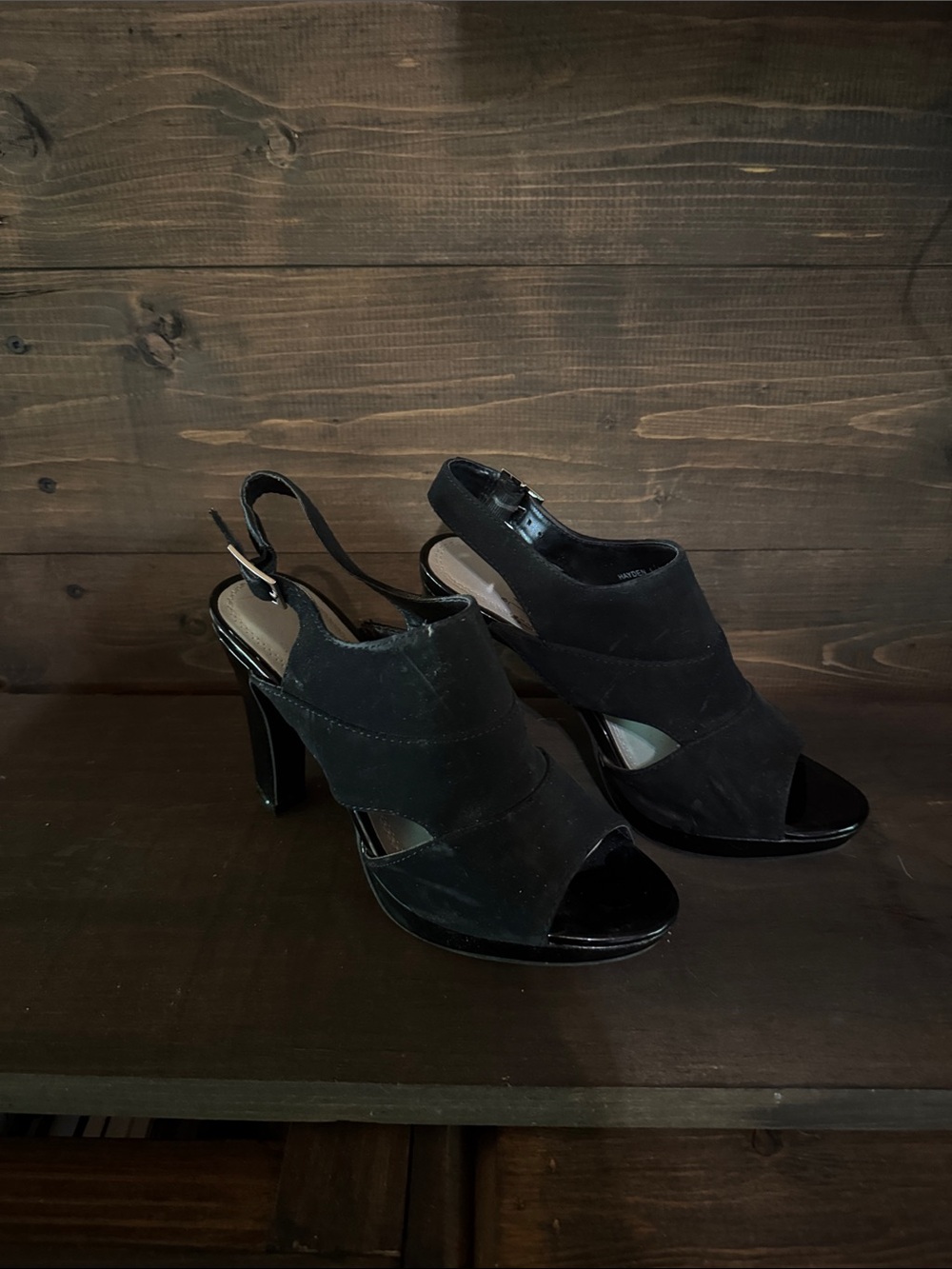 Impo Black Suede Peep-Toe Slingback Heels